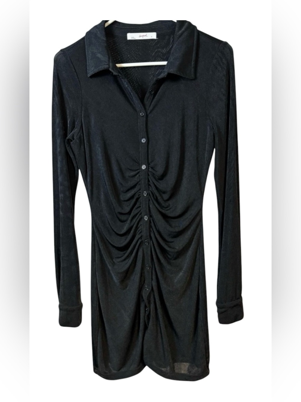 Supre Black Long Sleeved Ruched Button Front Stretch Body Con Mini Dress size S‎